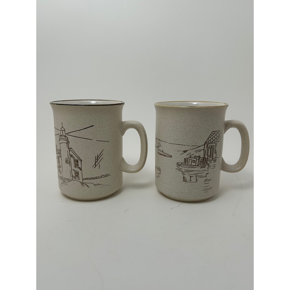 Collection Manoir Vintage Speckled Stoneware Mugs‎ Set 2 Lighthouse Harbor Korea